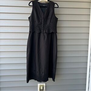 Rachel Zoe Black Cotton Eyelet Midi Dress Women's M Button Front Scallop Hem